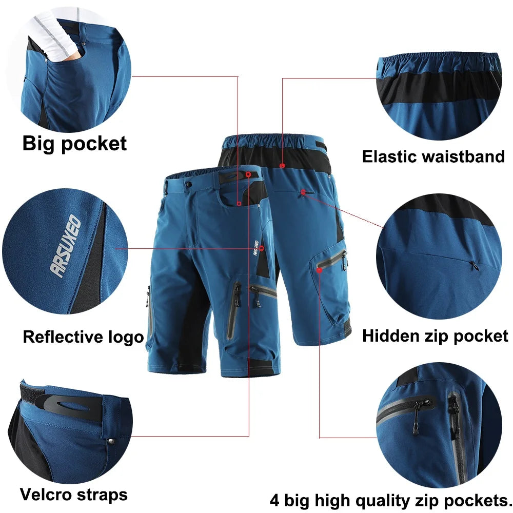 ARSUXEO Men Cycling Shorts Downhill Bike MTB Shorts Loose Outdoor Sports Mountain Bicycle Shorts Breathable Quick Dry Reflective