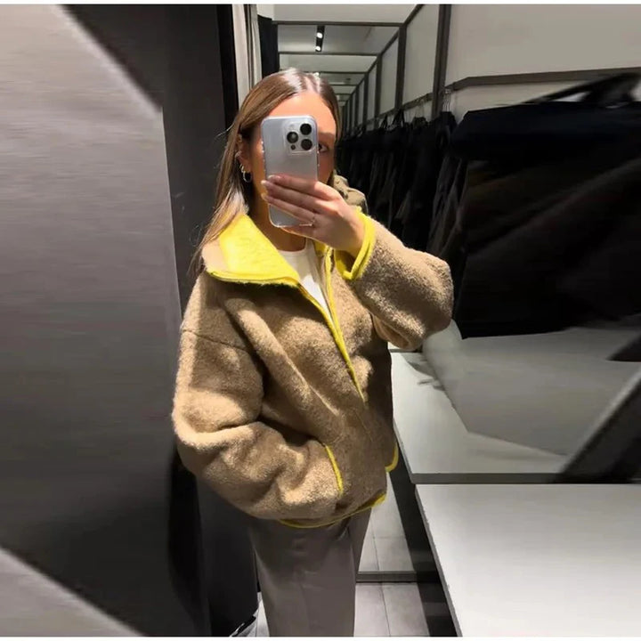 Fashion Contrasting Knitted Cardigan Elegant Long Sleeve Pockets Zipper Women Warm Sweater 2026 Spring Street Lady Chic Outwear