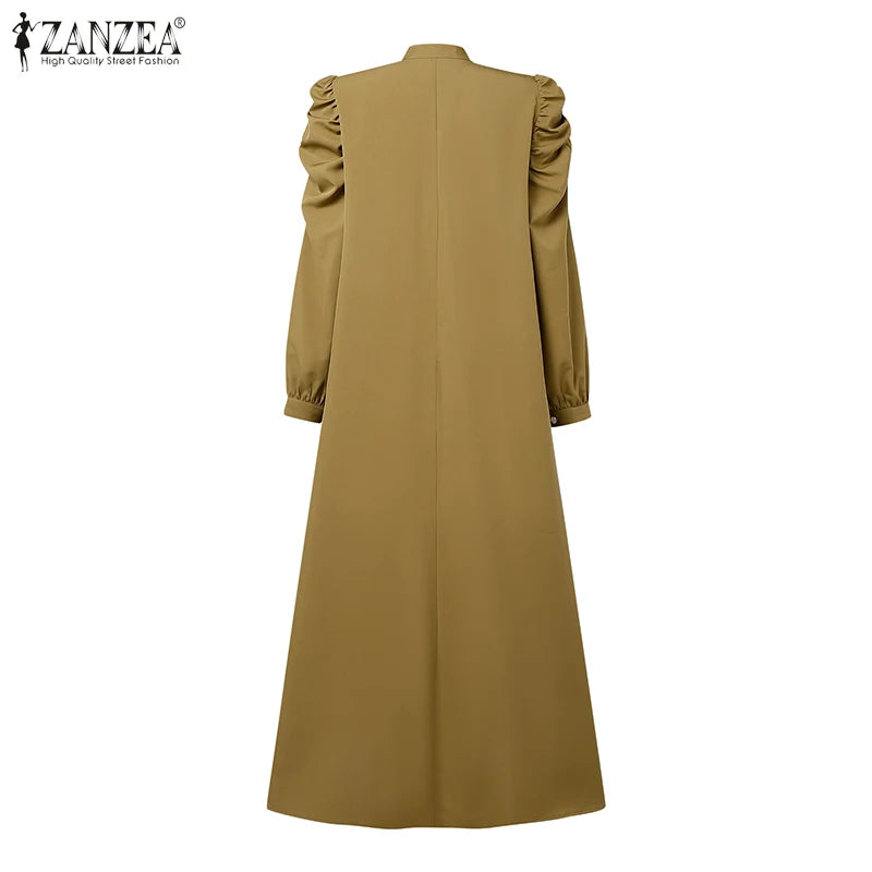 ZANZEA Muslim Modest Maxi Dresses Women Elegant Ruffles Trim Long Sleeve Pleated Abaya Robes Islamic Hijabis Eid Vestidos 2025