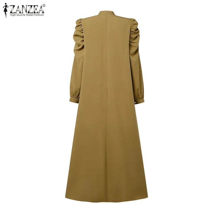 ZANZEA Muslim Modest Maxi Dresses Women Elegant Ruffles Trim Long Sleeve Pleated Abaya Robes Islamic Hijabis Eid Vestidos 2025