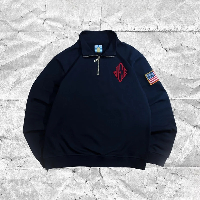 Y2K America Retro Embroidery Pullover White Quarterzip Stand Collar Polo Shirt Sweatshirt Casual Men Clotheing