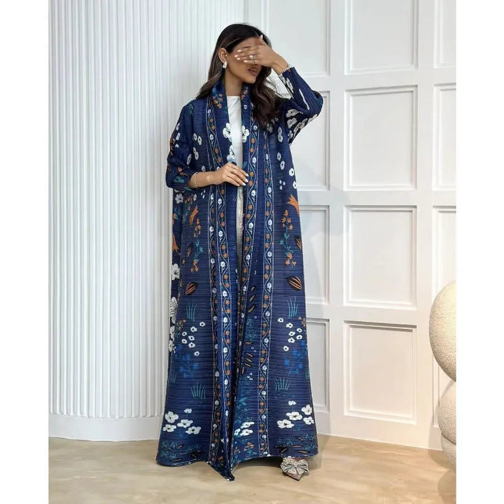 Retro Printed Pleated Windbreaker Women's Patchwork Collar Belt Long Windbreaker Jacket Saudi Arabia New Muslim Abaya