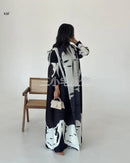 Retro Printed Pleated Windbreaker Women's Patchwork Collar Belt Long Windbreaker Jacket Saudi Arabia New Muslim Abaya