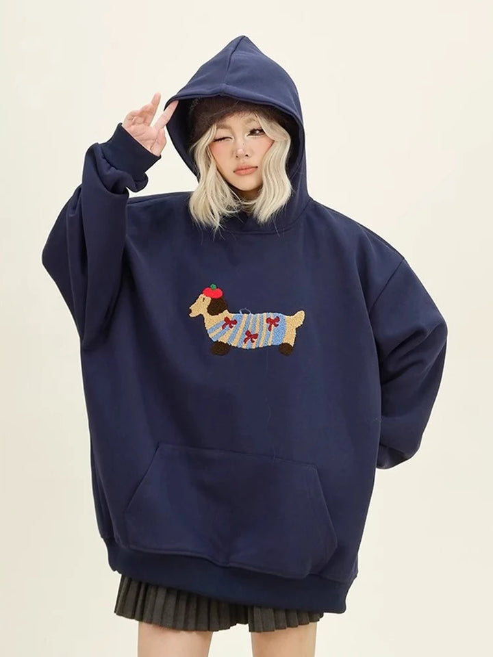 Women Sweatshirt Streetwear Couples Tops Casual Loose Hoodie Autumn Winter Cartoon Dog Embroidery Hooded Pullover