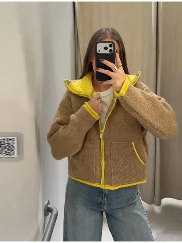 Fashion Contrasting Knitted Cardigan Elegant Long Sleeve Pockets Zipper Women Warm Sweater 2026 Spring Street Lady Chic Outwear