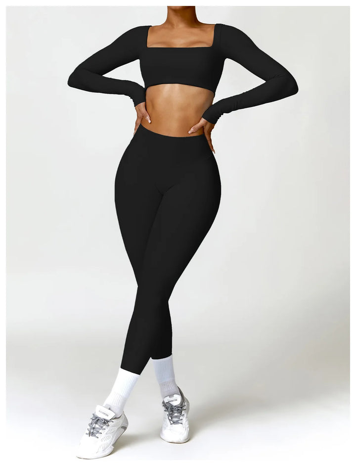 Hearuisavy Casual Quick Dry Sportswear Women Square Neck Gym Top Women Fitness Sports Crop Top Female Long Sleeve Yoga Clothing