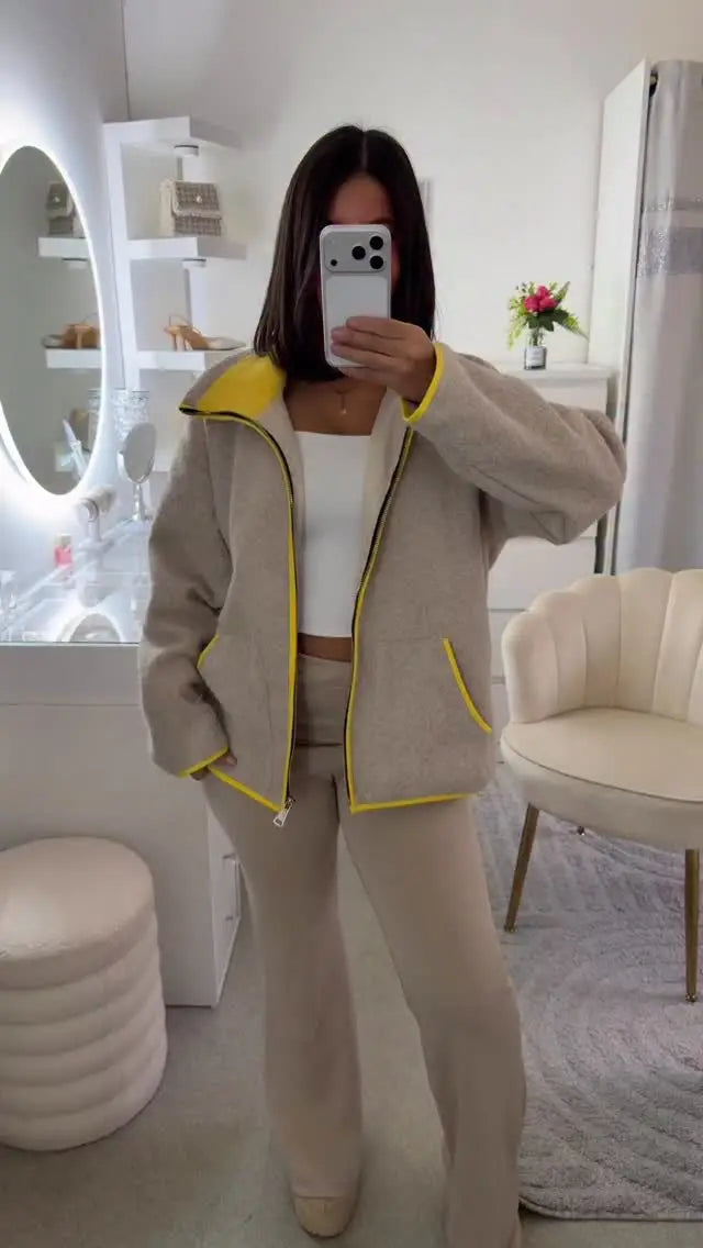 Fashion Contrasting Knitted Cardigan Elegant Long Sleeve Pockets Zipper Women Warm Sweater 2026 Spring Street Lady Chic Outwear