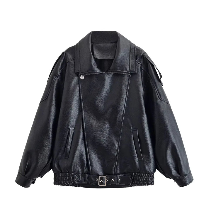 HH Autumn Faux Leather Jacket For Women Casual Solid Long Sleeve Zipper Pu Leather Coats New Fashion Female Streetwear