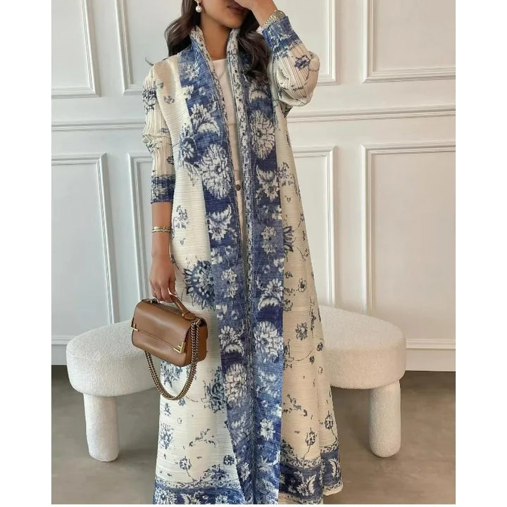 Retro Printed Pleated Windbreaker Women's Patchwork Collar Belt Long Windbreaker Jacket Saudi Arabia New Muslim Abaya