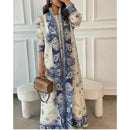 Retro Printed Pleated Windbreaker Women's Patchwork Collar Belt Long Windbreaker Jacket Saudi Arabia New Muslim Abaya