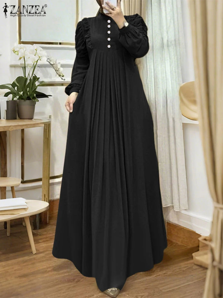 ZANZEA Muslim Modest Maxi Dresses Women Elegant Ruffles Trim Long Sleeve Pleated Abaya Robes Islamic Hijabis Eid Vestidos 2025