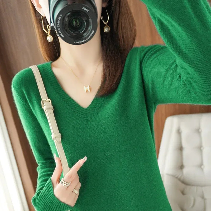 Autumn Winter Women Sweater 2026 Korean Fashion Knitwears Warm Long Sleeve V-neck Knit Pullovers Slim Fit Bottoming Shirt Jumper