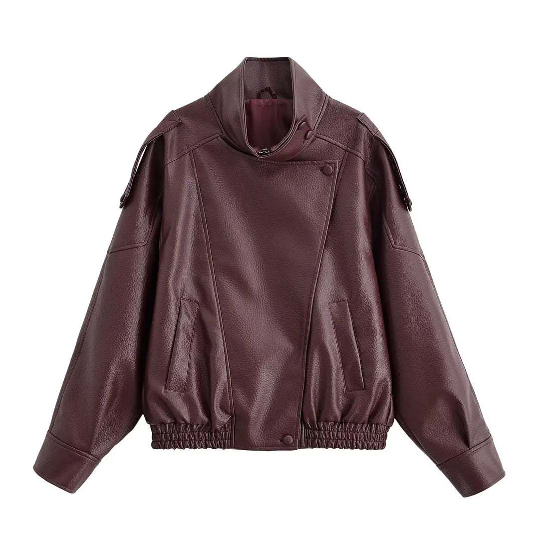 HH Autumn Faux Leather Jacket For Women Casual Solid Long Sleeve Zipper Pu Leather Coats New Fashion Female Streetwear