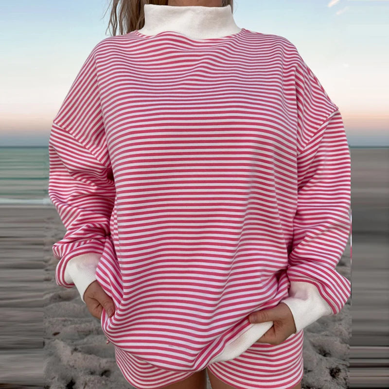 Striped Sweatshirt Sets for Women 2 Piece Shorts Outfits Y2k Long Sleeve High Neck Pullover and Shorts Lounge Fall Tracksuit