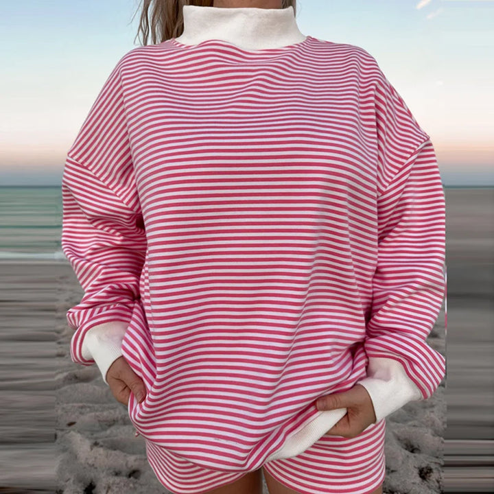 Striped Sweatshirt Sets for Women 2 Piece Shorts Outfits Y2k Long Sleeve High Neck Pullover and Shorts Lounge Fall Tracksuit