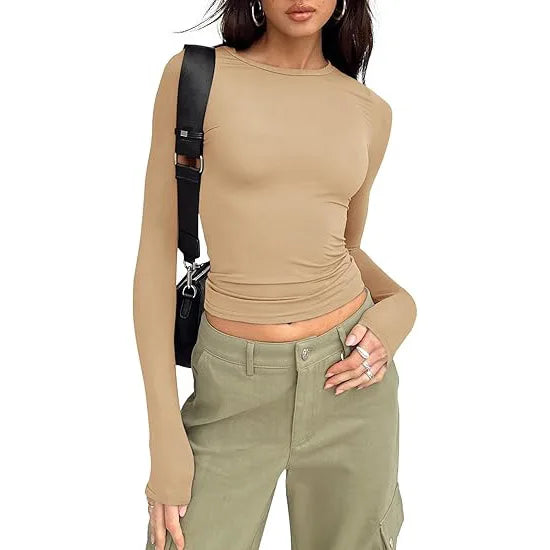 1pcs Four Seasons Fashion Senior Women T-shirt Long Sleeve Crew Neck Solid Slim Fit Tee Ladies Crop Top  Daily Streetwear Camis