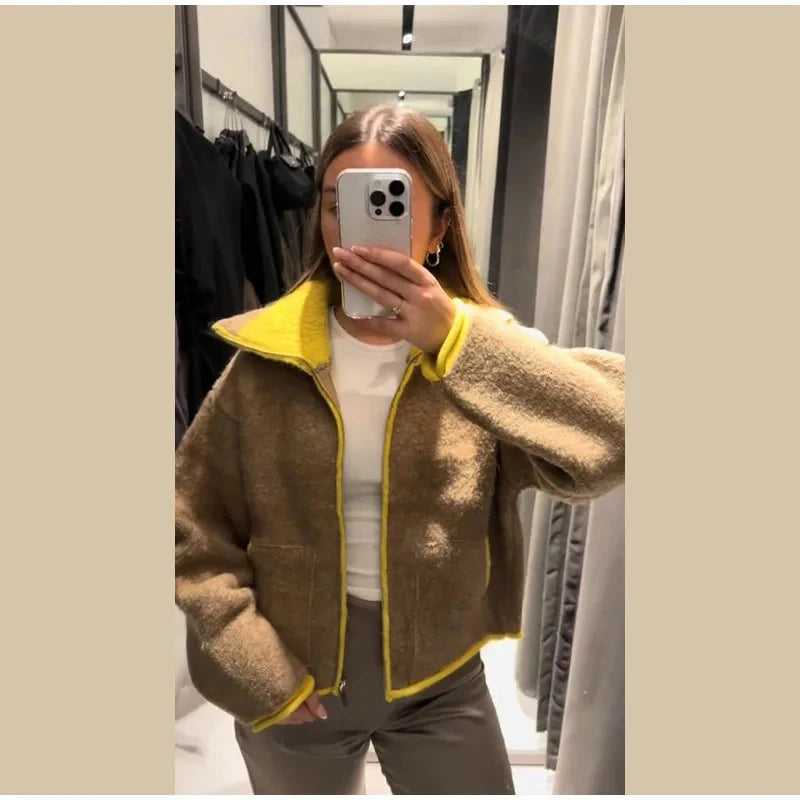 Fashion Contrasting Knitted Cardigan Elegant Long Sleeve Pockets Zipper Women Warm Sweater 2026 Spring Street Lady Chic Outwear