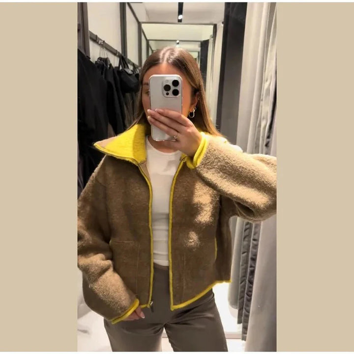 Fashion Contrasting Knitted Cardigan Elegant Long Sleeve Pockets Zipper Women Warm Sweater 2026 Spring Street Lady Chic Outwear