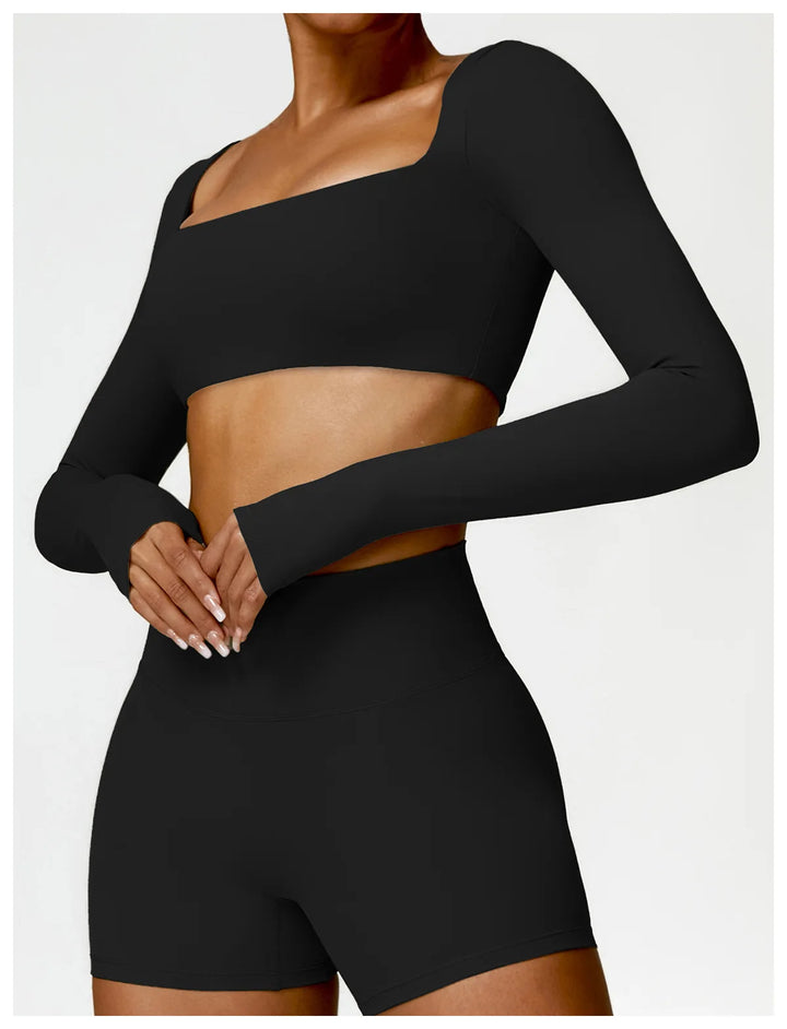 Hearuisavy Casual Quick Dry Sportswear Women Square Neck Gym Top Women Fitness Sports Crop Top Female Long Sleeve Yoga Clothing