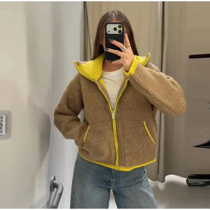 Fashion Contrasting Knitted Cardigan Elegant Long Sleeve Pockets Zipper Women Warm Sweater 2026 Spring Street Lady Chic Outwear