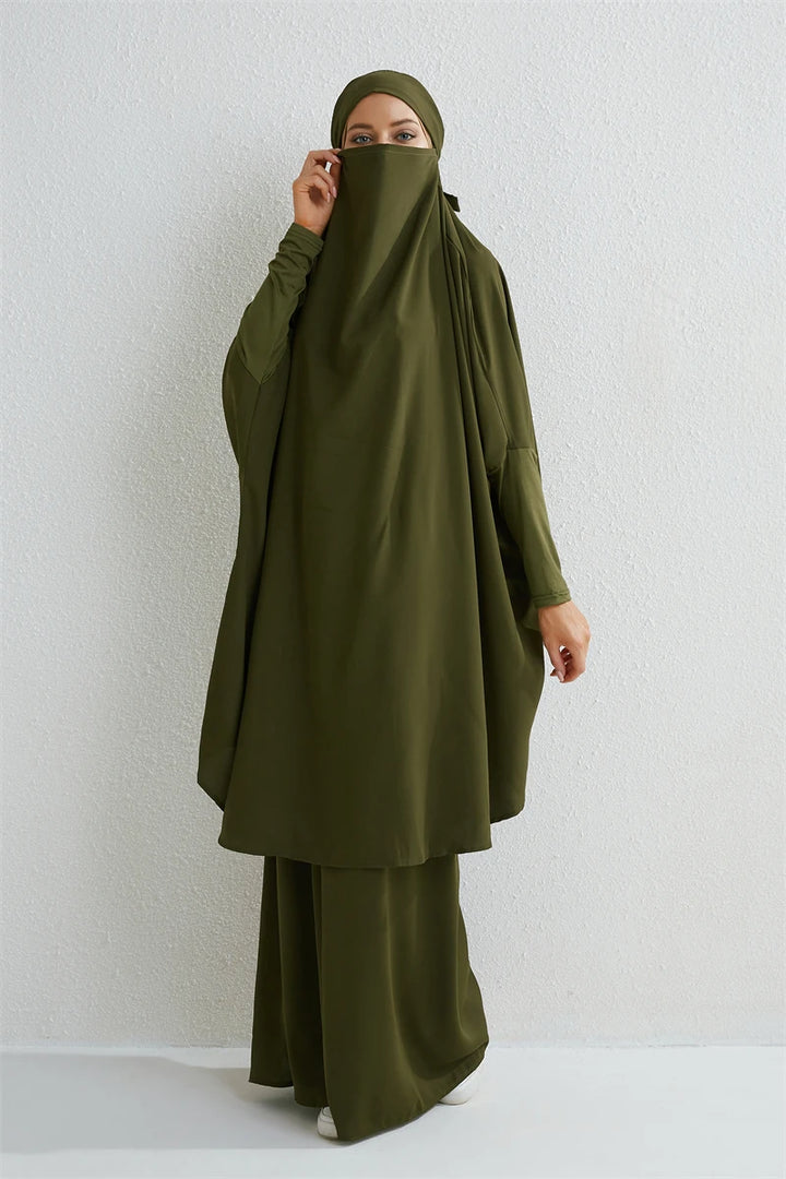 Muslim Sets Two Pieces Prayer Clothing Long Hooded Smocking Sleeve Shirts Hijab Loose Maxi Skirts Elastic Waist Women Abaya Sets