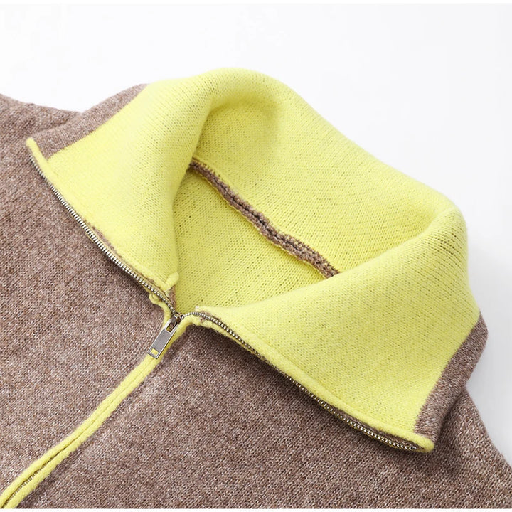 Fashion Contrasting Knitted Cardigan Elegant Long Sleeve Pockets Zipper Women Warm Sweater 2026 Spring Street Lady Chic Outwear