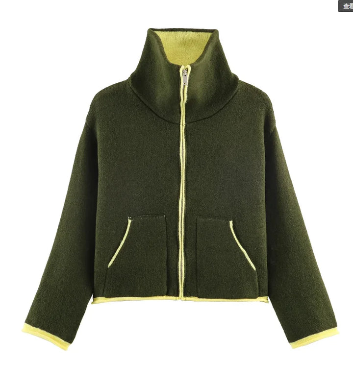 Fashion Contrasting Knitted Cardigan Elegant Long Sleeve Pockets Zipper Women Warm Sweater 2026 Spring Street Lady Chic Outwear