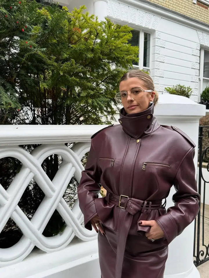 Women Solid Burgundy Waist Cinching Jacket Fashion Lace Up Stand Collar Zipper Bucket Short Jackets 2025 Lady High Street Coat