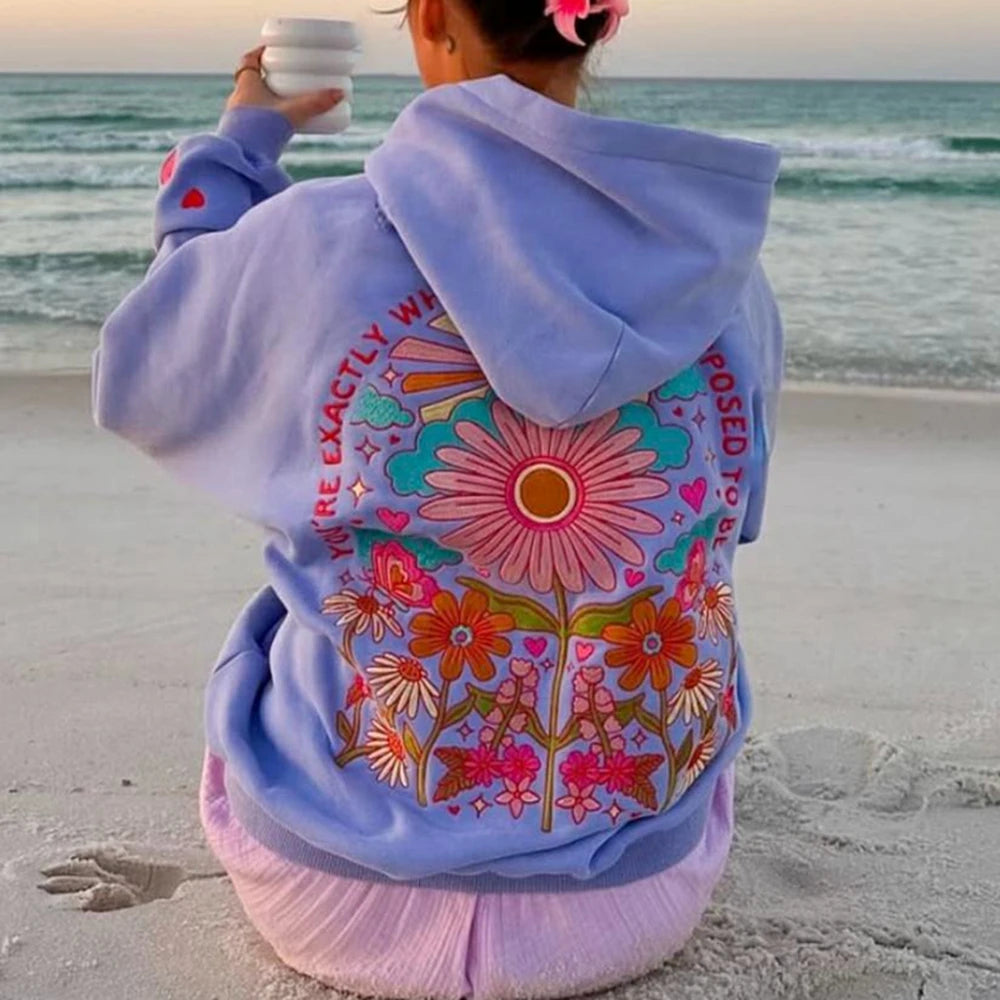 Combhasaki Women's Y2K Floral Letter Embroidered Hooded Pullover Cozy Stylish Long Sleeve Loose Sweatshirts with Kangaroo Pocket