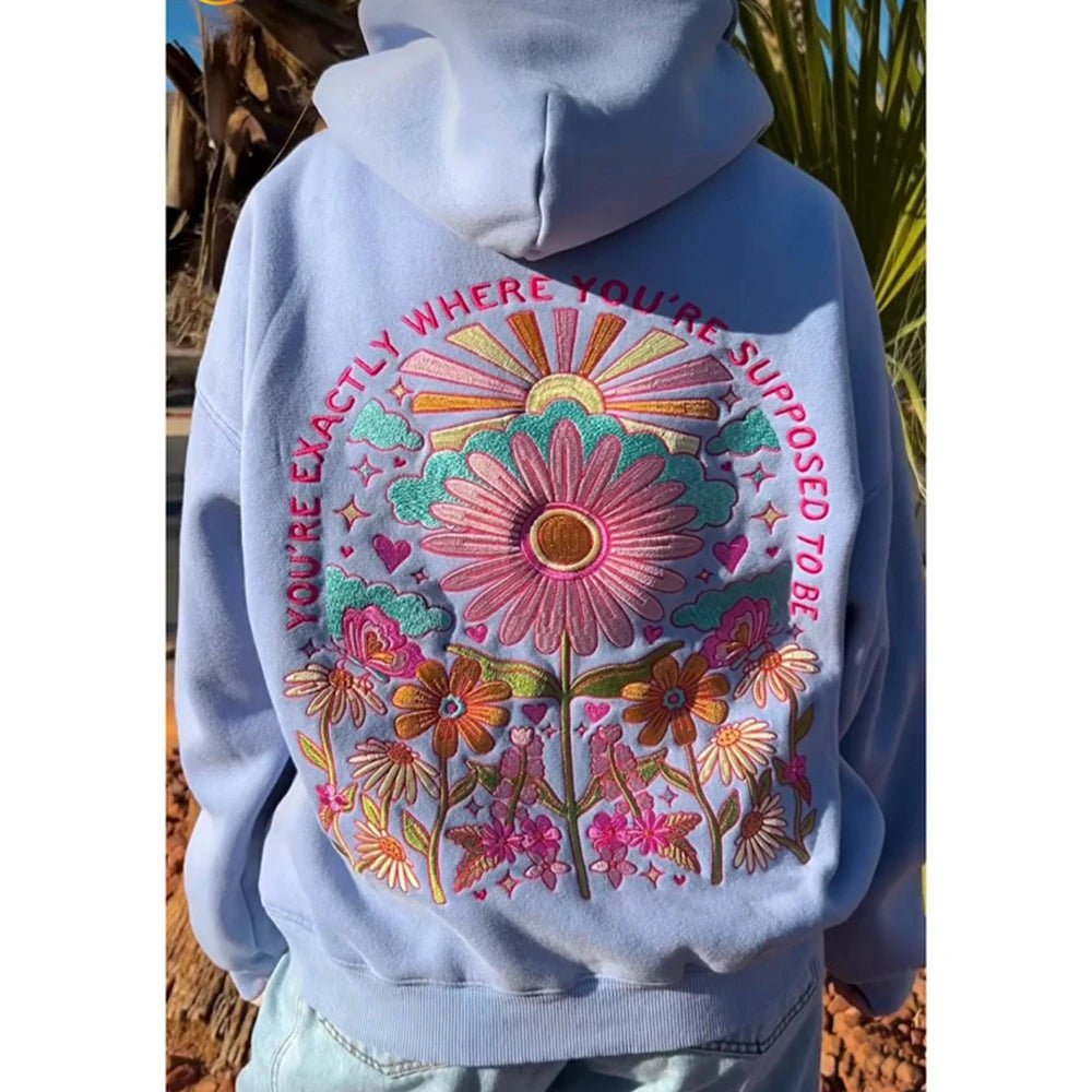 Combhasaki Women's Y2K Floral Letter Embroidered Hooded Pullover Cozy Stylish Long Sleeve Loose Sweatshirts with Kangaroo Pocket