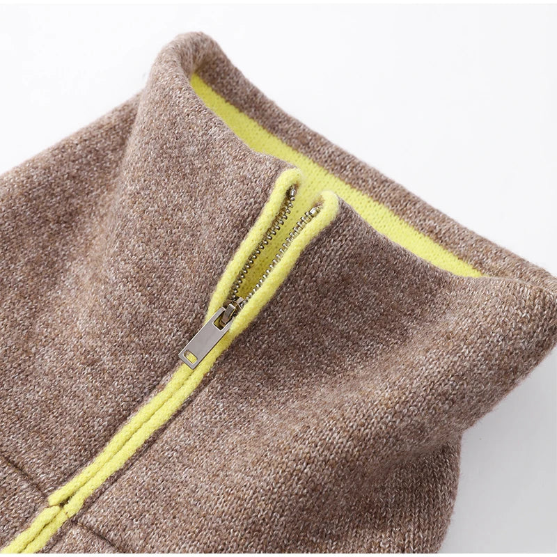 Fashion Contrasting Knitted Cardigan Elegant Long Sleeve Pockets Zipper Women Warm Sweater 2026 Spring Street Lady Chic Outwear