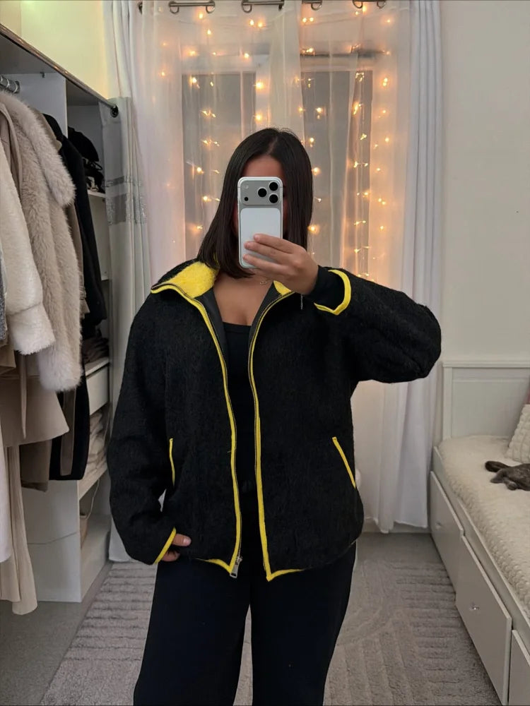 Fashion Contrasting Knitted Cardigan Elegant Long Sleeve Pockets Zipper Women Warm Sweater 2026 Spring Street Lady Chic Outwear