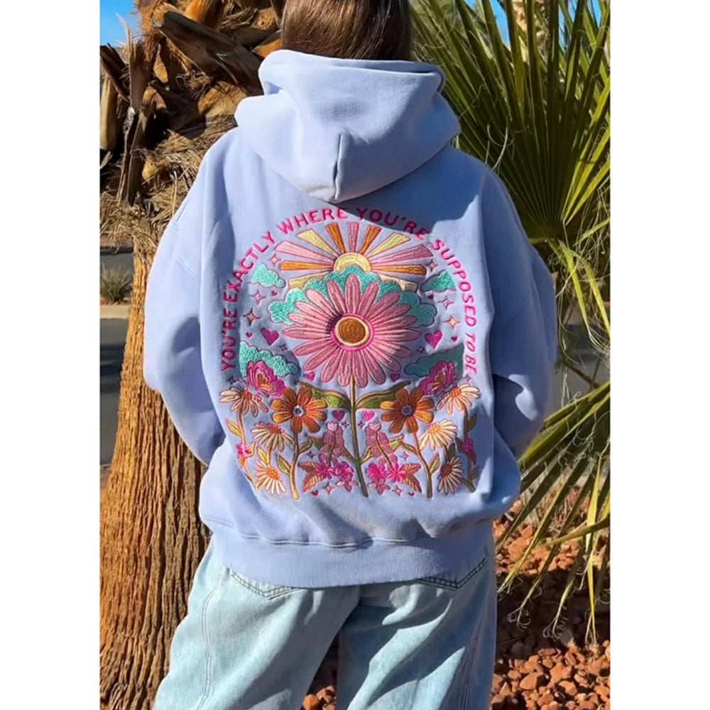 Combhasaki Women's Y2K Floral Letter Embroidered Hooded Pullover Cozy Stylish Long Sleeve Loose Sweatshirts with Kangaroo Pocket