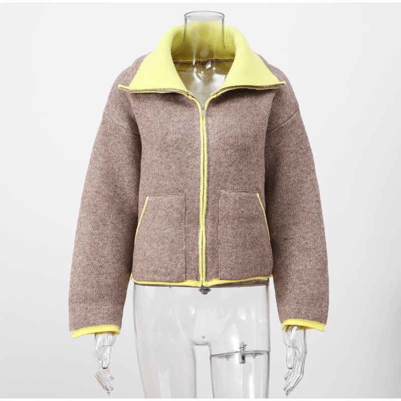 Fashion Contrasting Knitted Cardigan Elegant Long Sleeve Pockets Zipper Women Warm Sweater 2026 Spring Street Lady Chic Outwear