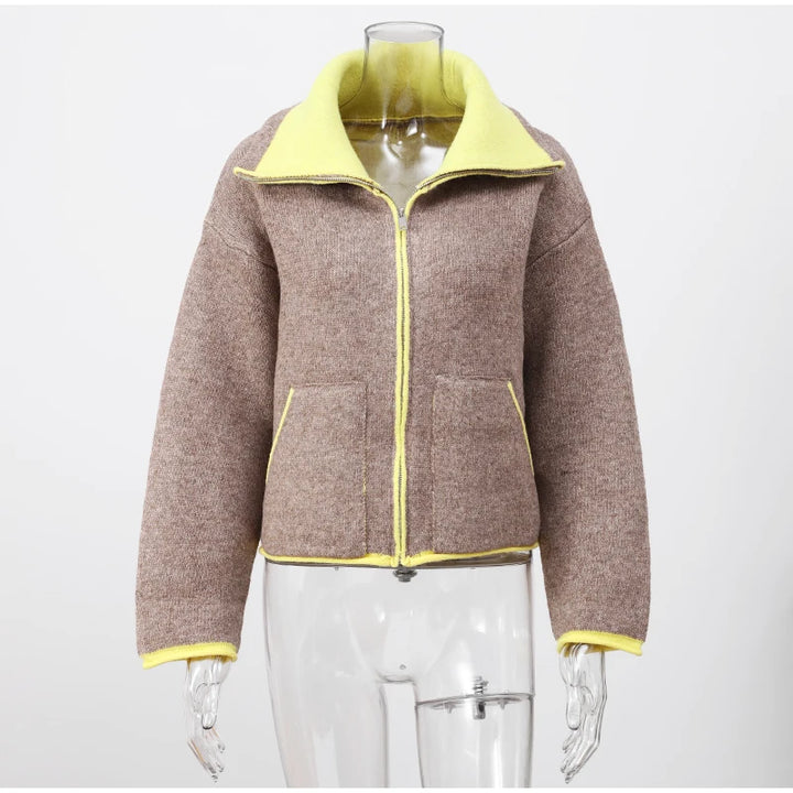 Fashion Contrasting Knitted Cardigan Elegant Long Sleeve Pockets Zipper Women Warm Sweater 2026 Spring Street Lady Chic Outwear