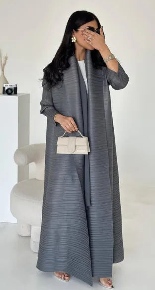 Retro Printed Pleated Windbreaker Women's Patchwork Collar Belt Long Windbreaker Jacket Saudi Arabia New Muslim Abaya