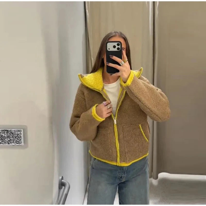 Fashion Contrasting Knitted Cardigan Elegant Long Sleeve Pockets Zipper Women Warm Sweater 2026 Spring Street Lady Chic Outwear