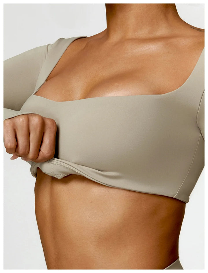 Hearuisavy Casual Quick Dry Sportswear Women Square Neck Gym Top Women Fitness Sports Crop Top Female Long Sleeve Yoga Clothing