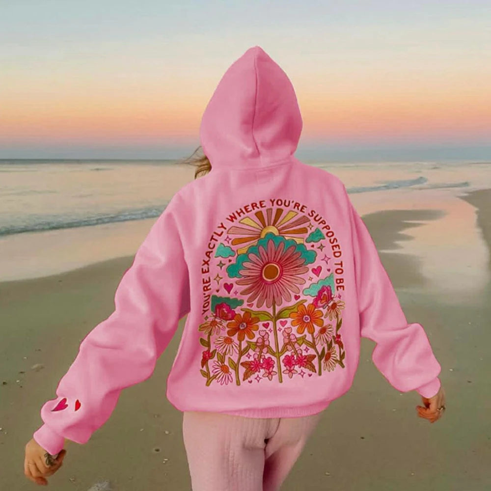 Combhasaki Women's Y2K Floral Letter Embroidered Hooded Pullover Cozy Stylish Long Sleeve Loose Sweatshirts with Kangaroo Pocket