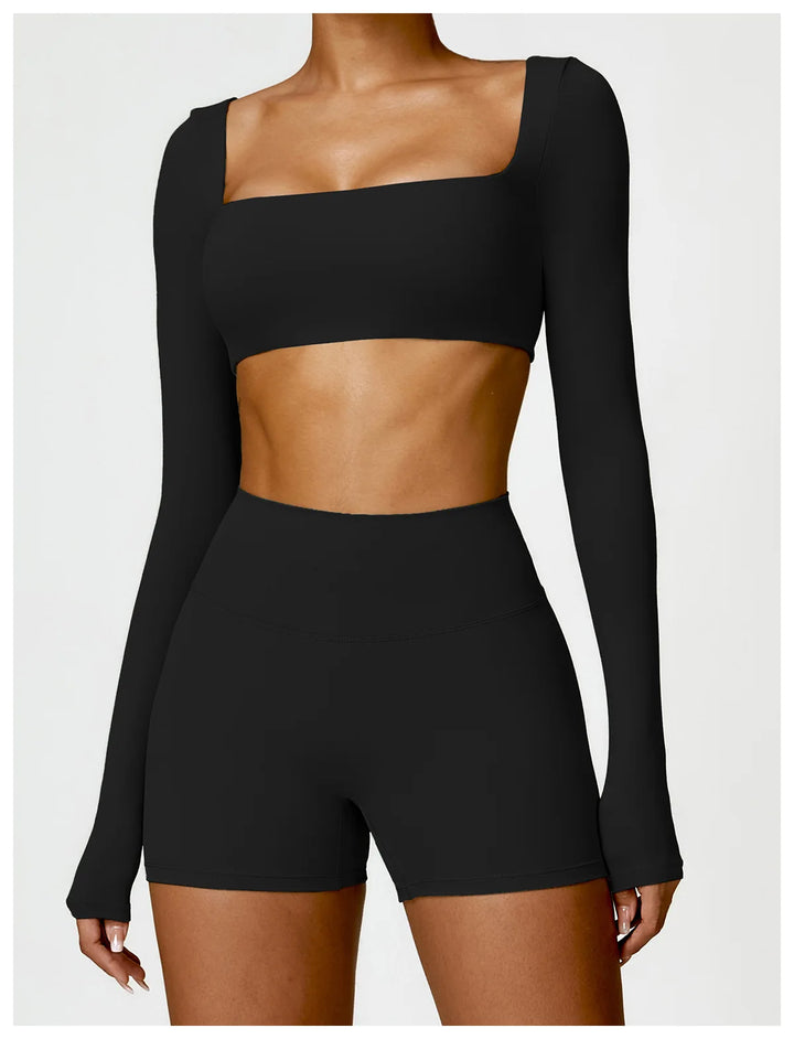 Hearuisavy Casual Quick Dry Sportswear Women Square Neck Gym Top Women Fitness Sports Crop Top Female Long Sleeve Yoga Clothing