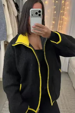 Fashion Contrasting Knitted Cardigan Elegant Long Sleeve Pockets Zipper Women Warm Sweater 2026 Spring Street Lady Chic Outwear