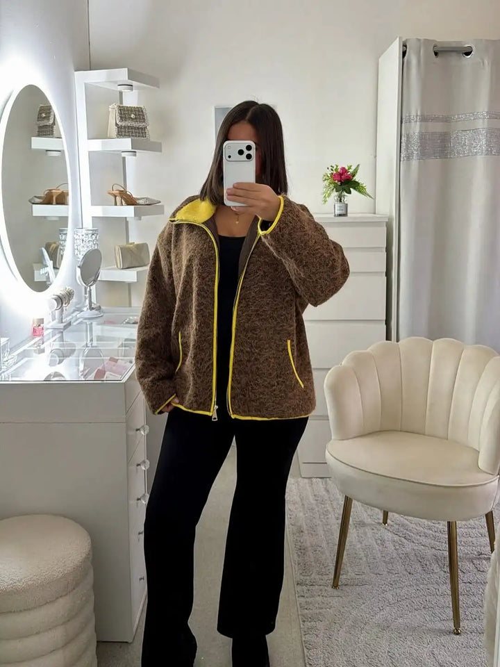 Fashion Contrasting Knitted Cardigan Elegant Long Sleeve Pockets Zipper Women Warm Sweater 2026 Spring Street Lady Chic Outwear