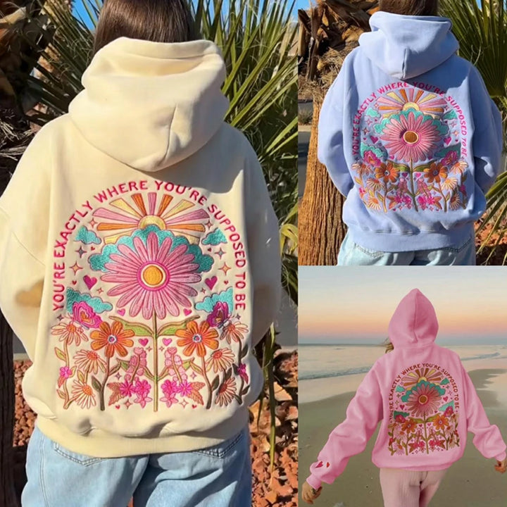Combhasaki Women's Y2K Floral Letter Embroidered Hooded Pullover Cozy Stylish Long Sleeve Loose Sweatshirts with Kangaroo Pocket
