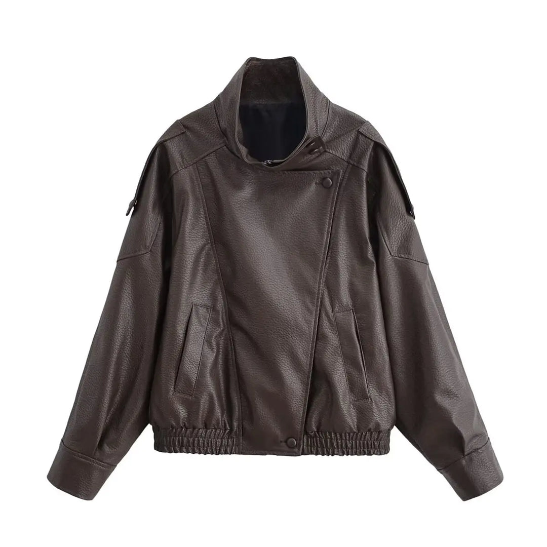 HH Autumn Faux Leather Jacket For Women Casual Solid Long Sleeve Zipper Pu Leather Coats New Fashion Female Streetwear