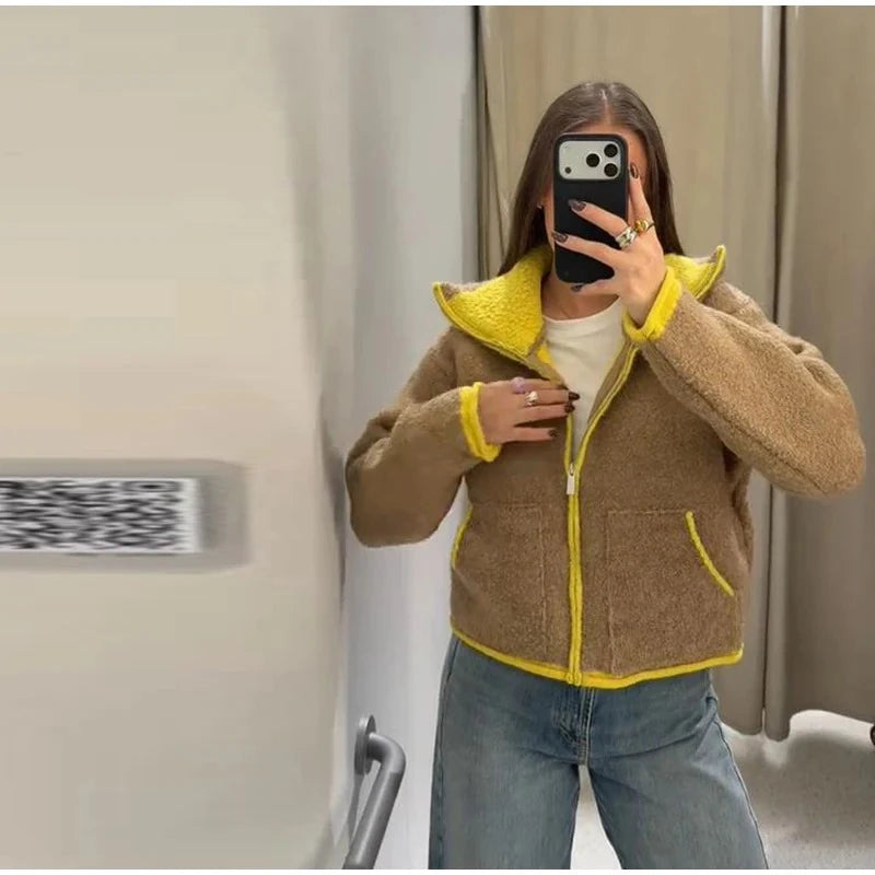 Fashion Contrasting Knitted Cardigan Elegant Long Sleeve Pockets Zipper Women Warm Sweater 2026 Spring Street Lady Chic Outwear