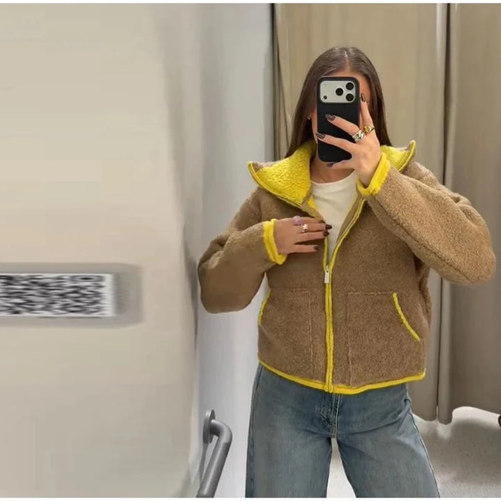 Fashion Contrasting Knitted Cardigan Elegant Long Sleeve Pockets Zipper Women Warm Sweater 2026 Spring Street Lady Chic Outwear