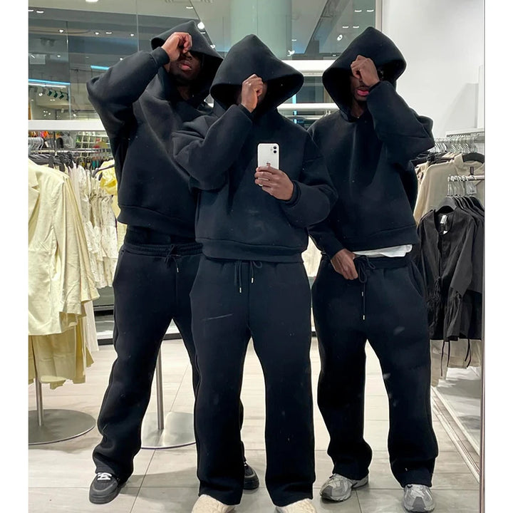 Male Autumn New 2 Piece Set Casual Solid Couple's Hooded Sweatshirt Loose Sweatpants Jogging Sweatshirt Trousers Outfits Suits ﻿