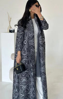 Retro Printed Pleated Windbreaker Women's Patchwork Collar Belt Long Windbreaker Jacket Saudi Arabia New Muslim Abaya