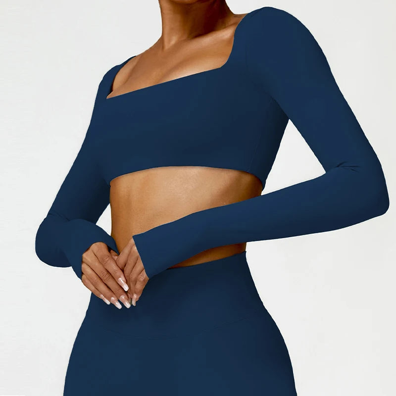 Hearuisavy Casual Quick Dry Sportswear Women Square Neck Gym Top Women Fitness Sports Crop Top Female Long Sleeve Yoga Clothing