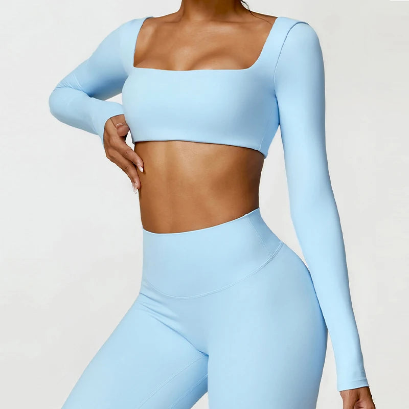 Hearuisavy Casual Quick Dry Sportswear Women Square Neck Gym Top Women Fitness Sports Crop Top Female Long Sleeve Yoga Clothing